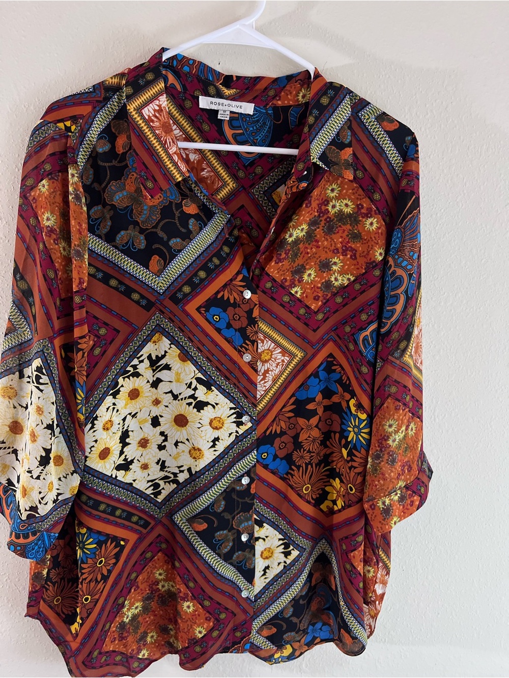 Rose & Olive Multi-Color Patchwork Floral Button-Up Blouse